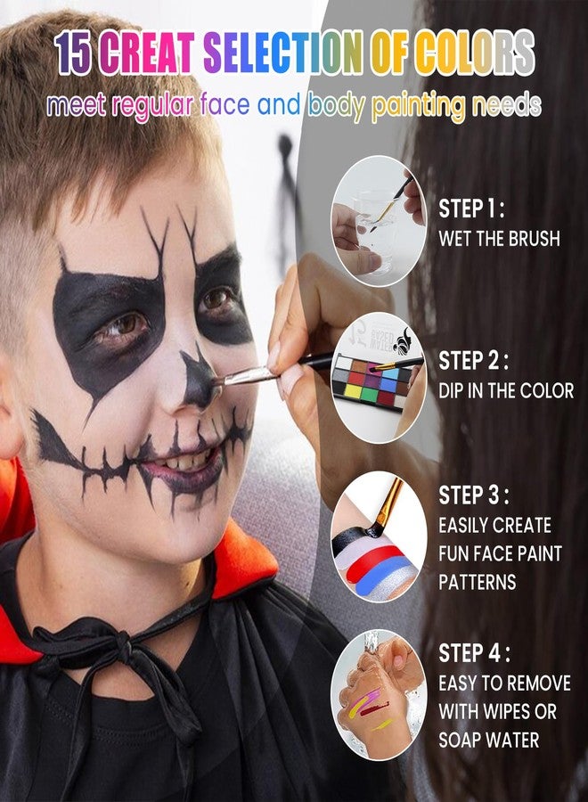 Sovoncare 15 Color Face Paint Kit, Professional Face Painting Kit SFX Makeup Palette, Water Activated Body Paint for Cosplay Halloween Party for Kids and Adults Safe Non Toxic with 12 Pcs Brush & Stencils Matte - Image 3