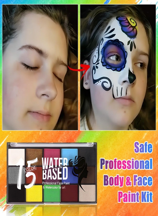 Sovoncare 15 Color Face Paint Kit, Professional Face Painting Kit SFX Makeup Palette, Water Activated Body Paint for Cosplay Halloween Party for Kids and Adults Safe Non Toxic with 12 Pcs Brush & Stencils Matte - Image 5