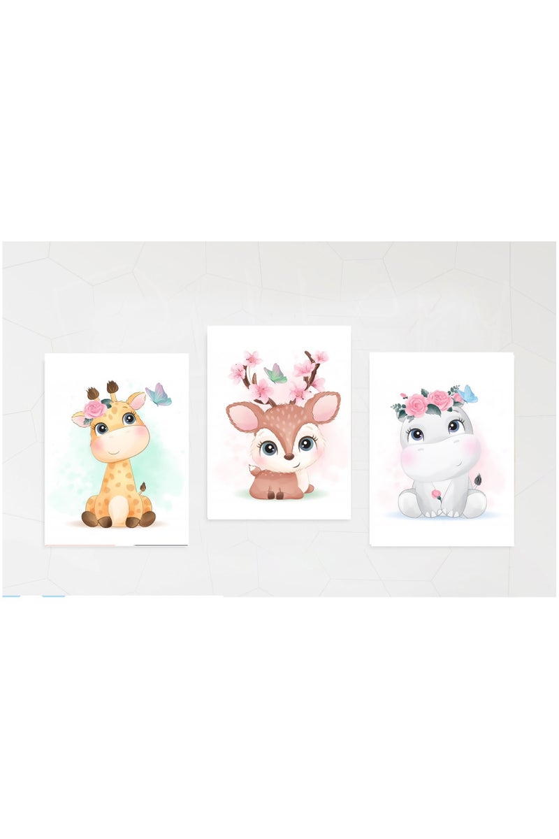 Tableau of three cute animals for kids room  - nursery room,gazelle ,hippo and giraffe