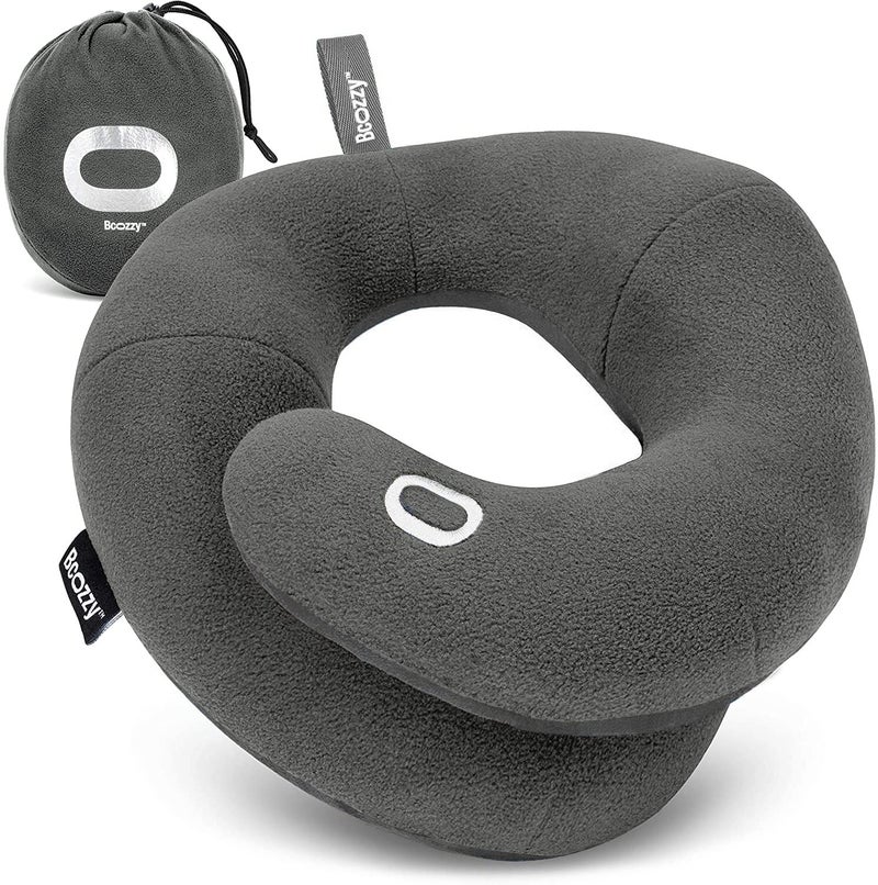 BCOZZY Travel Neck Pillow for Airplane â€“ Patented Double Support for Head, Neck, and Chin. Best for Long Flights, Plane Sleeping, and Car Rides. Adjustable Size. Fully Washable. Carry Bag. Large, Gray - Image 1