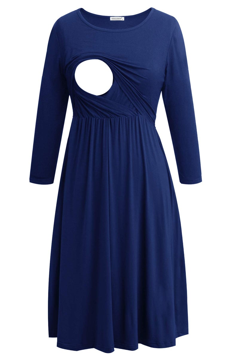 Smallshow Womens Maternity Nursing Dress 34 Sleeve Dress for Breastfeeding Large Navy - Image 2