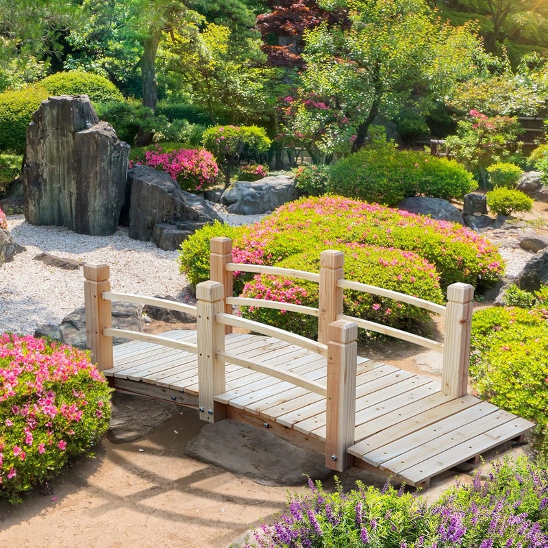 Outsunny Fir Wood Garden Bridge Arc Walkway with Side Railings for Backyards, Gardens, and Streams, Natural Wood, 60" x 26.5" x 19" - Image 2
