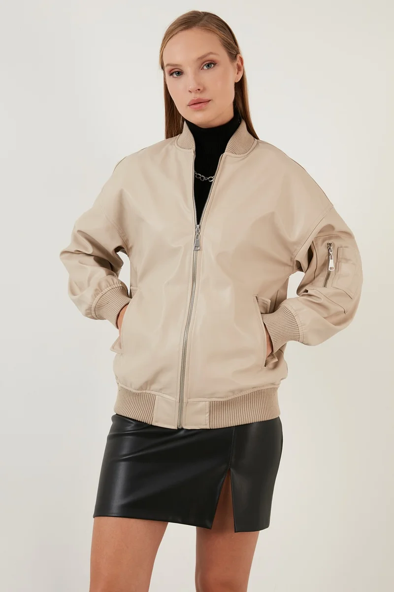 ليلا Oversize College Collar Zippered Faux Leather Coat Women's Leather Coat 6230116