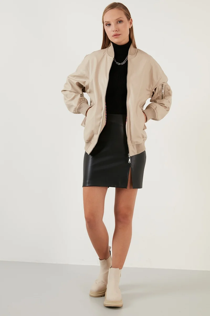 ليلا Oversize College Collar Zippered Faux Leather Coat Women's Leather Coat 6230116