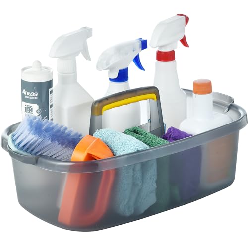 Haundry Large Cleaning Caddy with Handle, Cleaning Tool Storage Basket Organizer, Sturdy Pail Bucket Organizer, Household Bucket for Cleaning Supplies - Clear Grey - Image 1