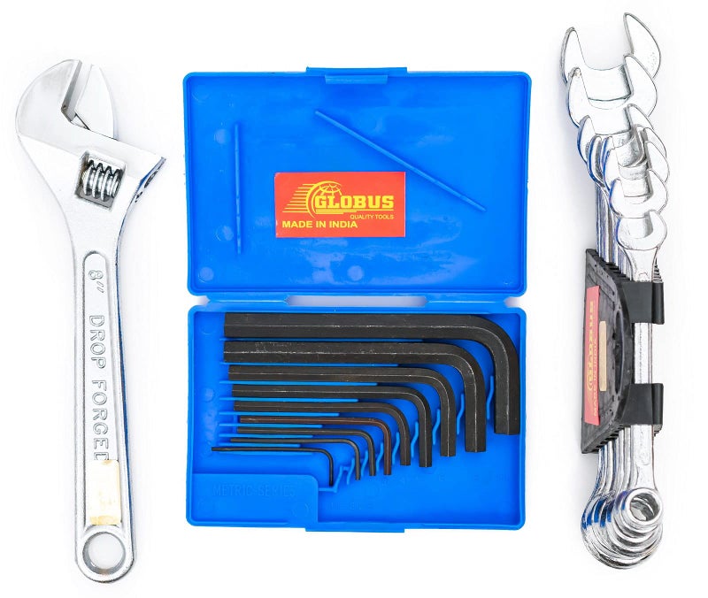 GLOBUS 1412 STEEL HAND TOOL SET/3 PCS (COMBINATION SPANNER RECESSED SET/8 PCS IN CHROME MATT FINISH, ALLEN KEY SET/9 PCS AND ADJUSTABLE WRENCH 8") - Image 1