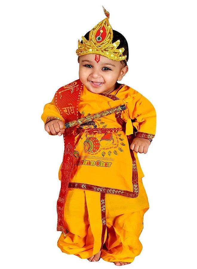 Niue Yellow krishna style kurta & dhoti dress for kids (Pack of 5-kurta,dhoti,bansuri,mukut,patka)-(12-18) Month - Image 3
