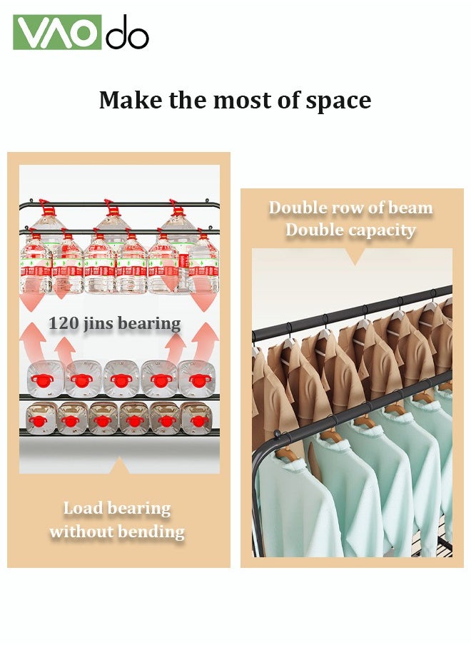VAOdo - Garment Rack with Rollers and Hook Large Space for Drying Stainless Steel Clothes Hanging Rack Easy Installation with Shoe Rack 110M Wide Black - Image 1