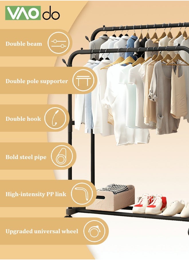 VAOdo - Garment Rack with Rollers and Hook Large Space for Drying Stainless Steel Clothes Hanging Rack Easy Installation with Shoe Rack 110M Wide Black - Image 1