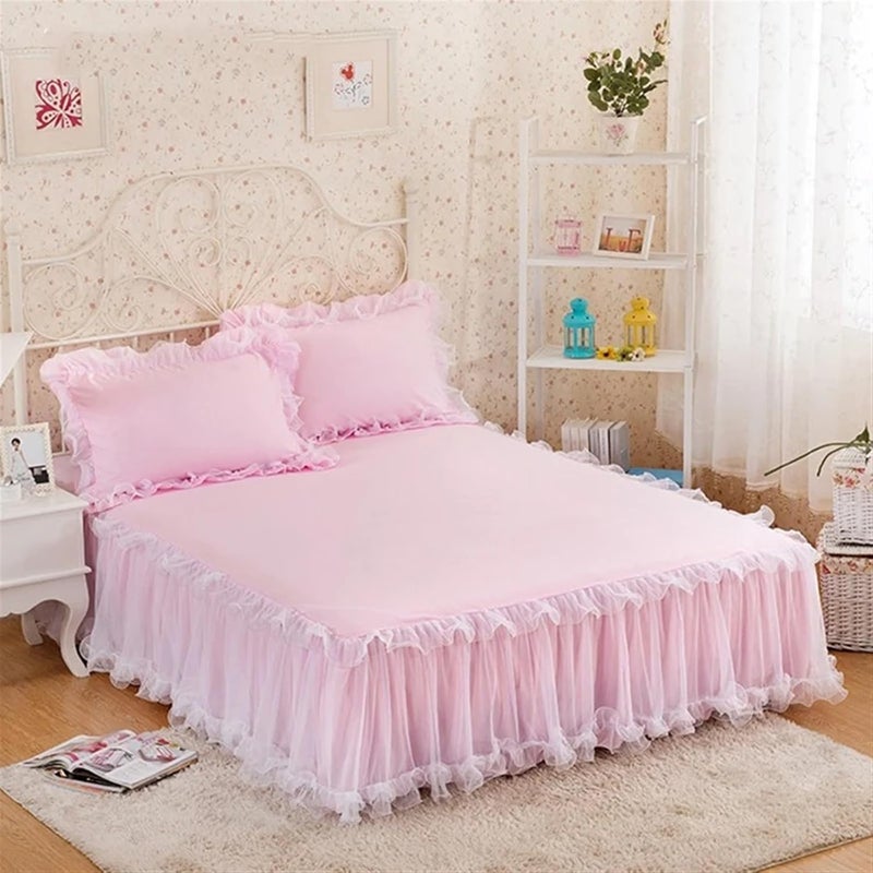 Lace Lotus Leaf Bed Skirts Solid Color Bedspread Cover Non-Slip Sheets Without Pillowcase(Blue,120x200cm 1pcs) - Image 2