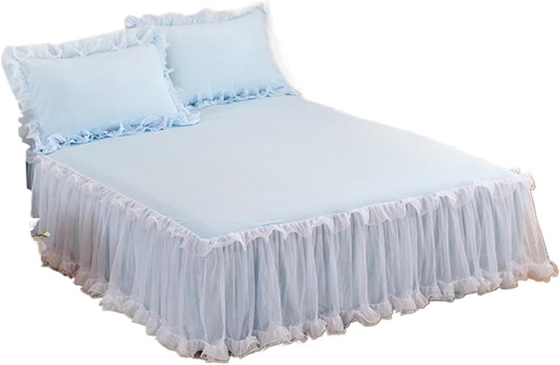 Lace Lotus Leaf Bed Skirts Solid Color Bedspread Cover Non-Slip Sheets Without Pillowcase(Blue,120x200cm 1pcs) - Image 1