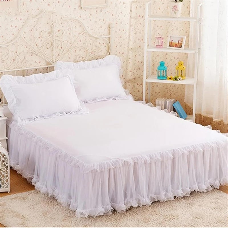 Lace Lotus Leaf Bed Skirts Solid Color Bedspread Cover Non-Slip Sheets Without Pillowcase(Blue,120x200cm 1pcs) - Image 4