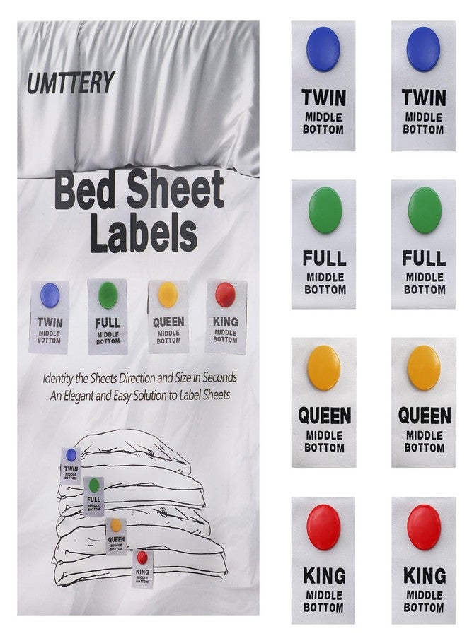 Umttery Bed Sheet Labels for Bedding,Identity The Sheets Direction and Size in Seconds, an Elegant and Easy Solution to Label Sheets, 8 Pack[Mix] - Image 1