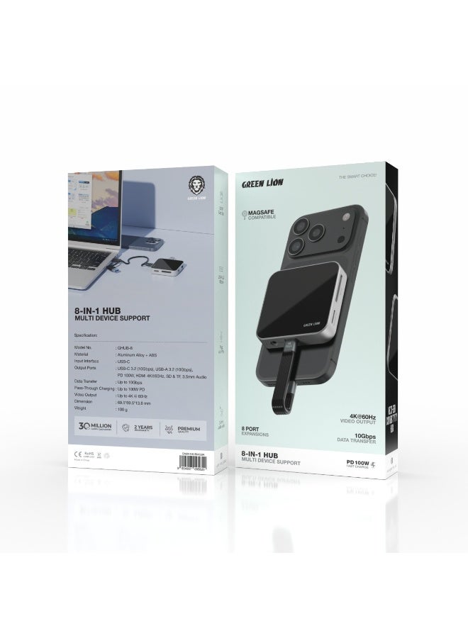GREEN LION 8-in-1 Hub with Multi-Device Support / Magsafe Compatible / 100W PD / USB-C / USB-A / SD & TF / 3.5mm Audio / HDMI 4K@60Hz /  8-Port Expansion - Black - Image 4