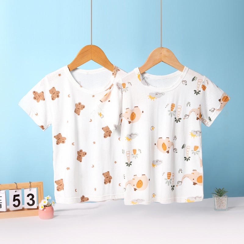 Summer Children'S Short-Sleeved T-Shirt Bamboo Cotton Cotton Half-Sleeved Girls' T-Shirt Boys Short-Sleeved Children'S Clothing Base Top Home Clothes - Image 4