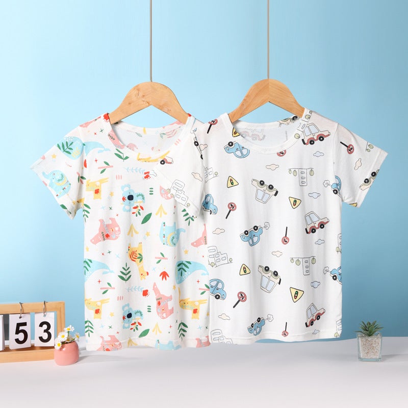 Summer Children'S Short-Sleeved T-Shirt Bamboo Cotton Cotton Half-Sleeved Girls' T-Shirt Boys Short-Sleeved Children'S Clothing Base Top Home Clothes - Image 2
