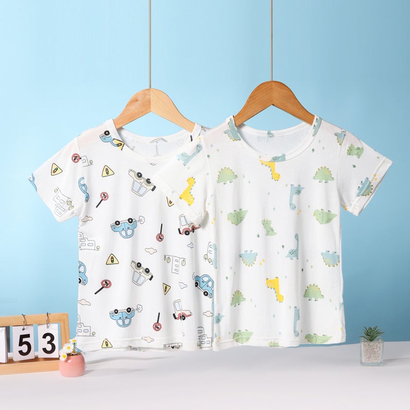 Summer Children'S Short-Sleeved T-Shirt Bamboo Cotton Cotton Half-Sleeved Girls' T-Shirt Boys Short-Sleeved Children'S Clothing Base Top Home Clothes - Image 5