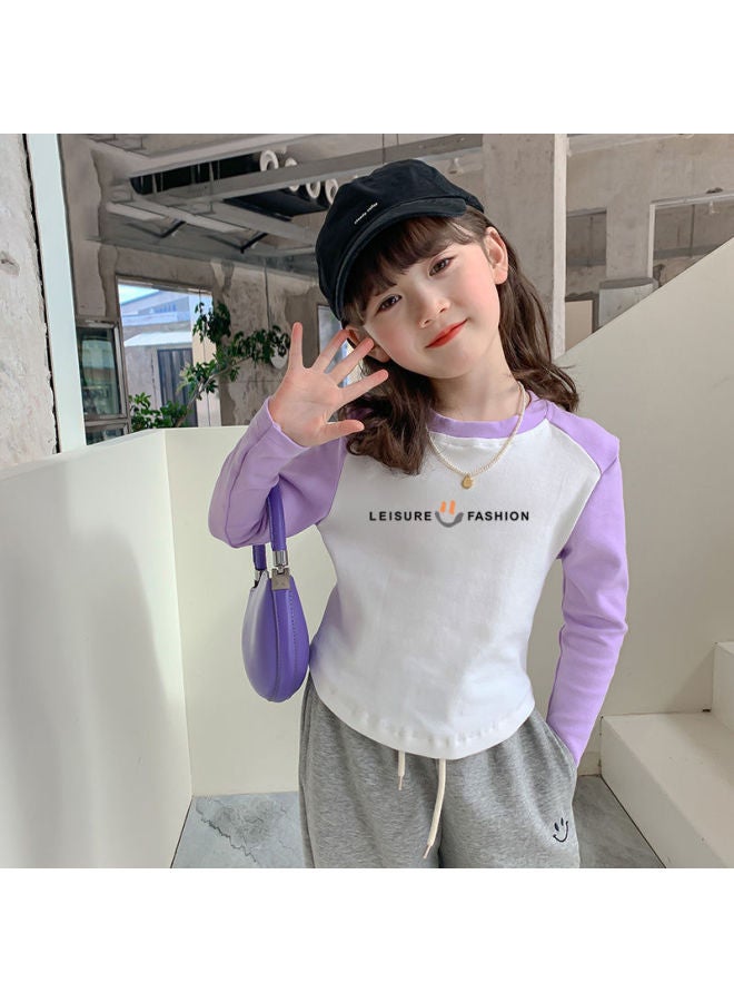 Girls' Pure Cotton Arc Color-blocking Base Shirt Spring/autumn New Children's Long Sleeve T-shirt Thin Version Medium/large Kids Clothing