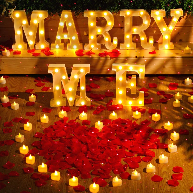 Hortsun Marry Me Light up Letters Proposal Decorations Will You Marry Me Sign Rose Petals 24 LED Candles Romantic Night Light for Proposal Engagement Wedding Anniversary Valentine's Day(Red) - Image 1