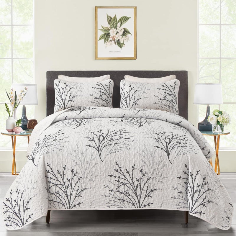 DJY White Quilt Set Queen Size - 3 Pieces Botanical Pattern Bedspread Coverlet Set, Cream White Floral Quilt Bedding Set Soft Lightweight Microfiber Bed Cover for All Season - Image 1