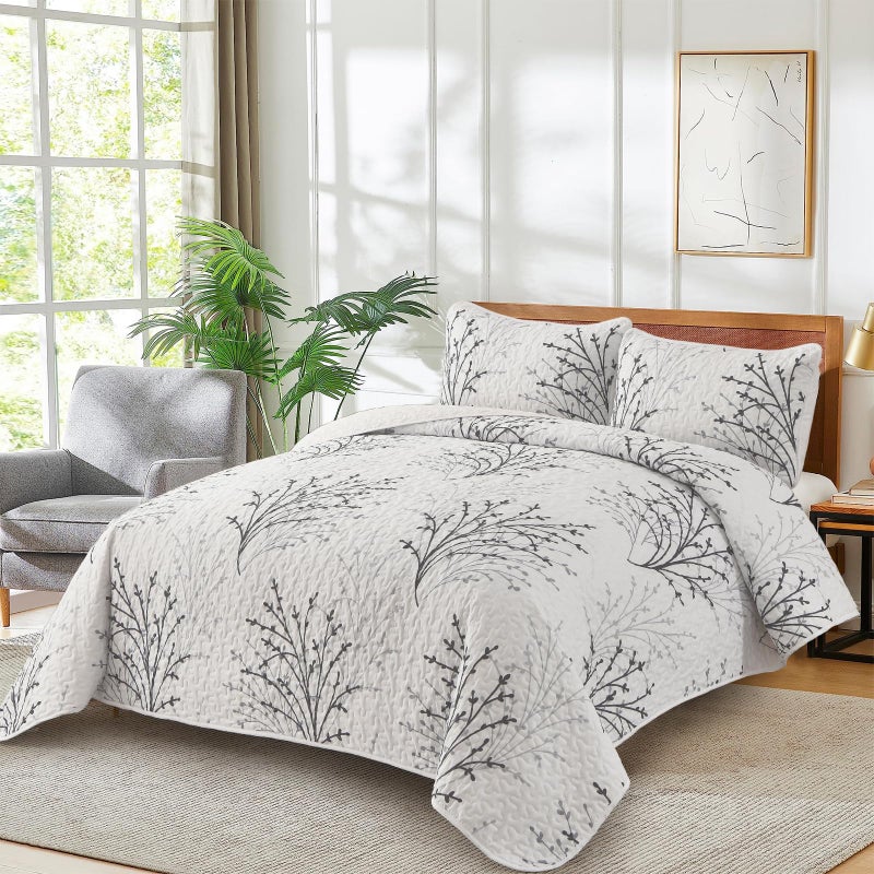DJY White Quilt Set Queen Size - 3 Pieces Botanical Pattern Bedspread Coverlet Set, Cream White Floral Quilt Bedding Set Soft Lightweight Microfiber Bed Cover for All Season - Image 2