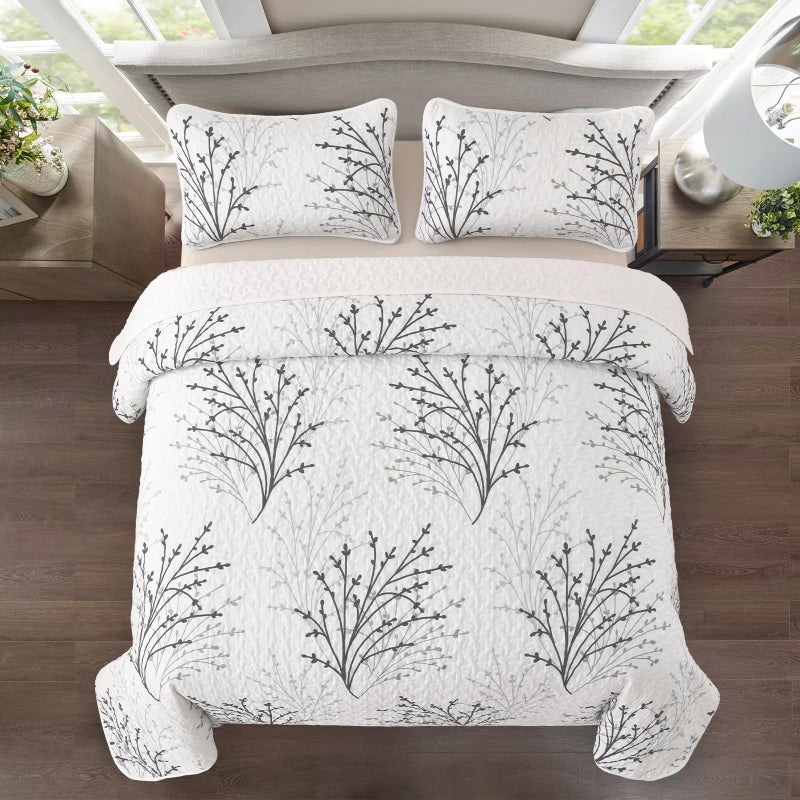 DJY White Quilt Set Queen Size - 3 Pieces Botanical Pattern Bedspread Coverlet Set, Cream White Floral Quilt Bedding Set Soft Lightweight Microfiber Bed Cover for All Season - Image 3