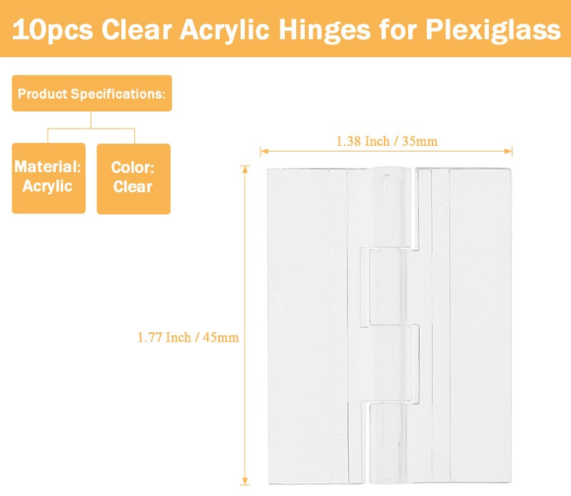 Bivethoi 10pcs Clear Acrylic Hinges for Plexiglass, Self Adhesive Clear Plastic Transparent Continuous Hinge Tools for Cabinet Drawer Furniture DIY Display Stand (35mm x 45mm) - Image 2