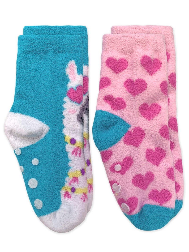 Jefferies Socks Girl's Cute Llama and Heart Fuzzy Slipper Socks 2 Pack, Multi, Small - Image 3