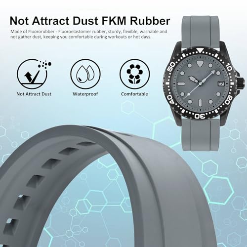WOCCI 20mm Hevea Watch Band FKM Rubber Not Silicone Quick Release Replacement Strap for Men Black Buckle Grey - Image 3