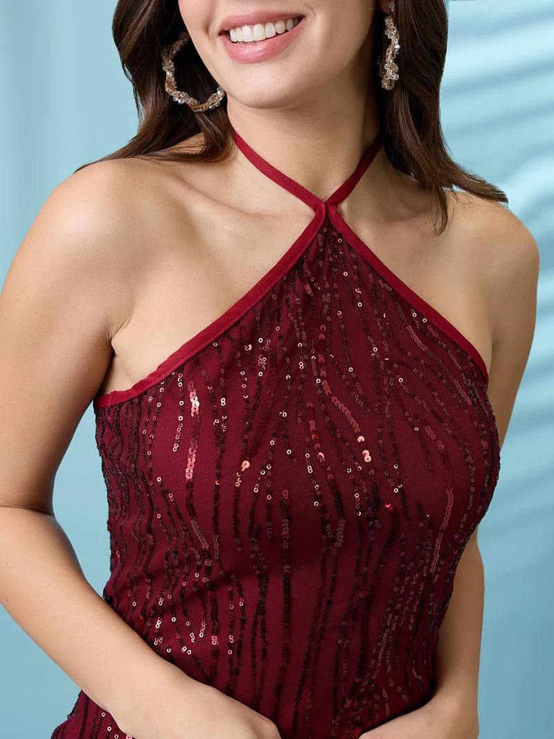 globus Women Maroon Tie-Back Halter Neck Sequinned Mini Bodycon Party Dress