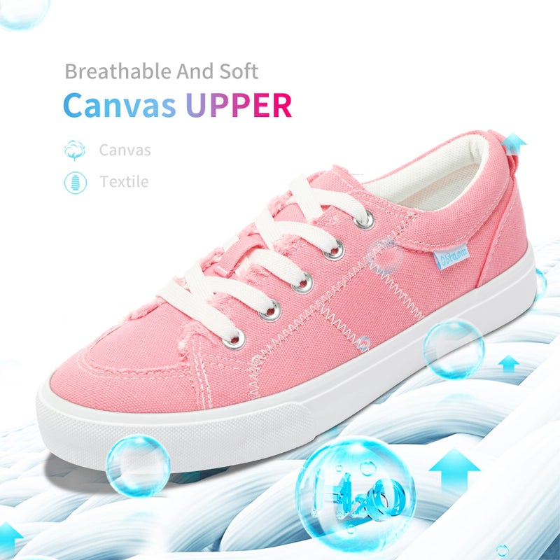 Obtaom Women Canvas Fashion Sneakers Cute Lace up Canvas Shoes Low Top Washed Canvas Flat for Lady(Pink,US5) - Image 3