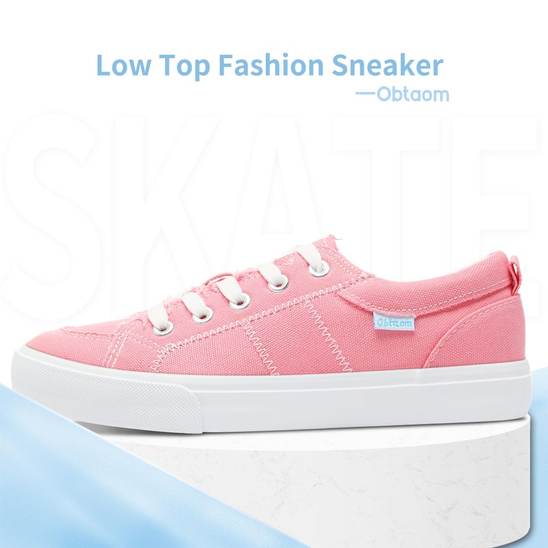 Obtaom Women Canvas Fashion Sneakers Cute Lace up Canvas Shoes Low Top Washed Canvas Flat for Lady(Pink,US5) - Image 2