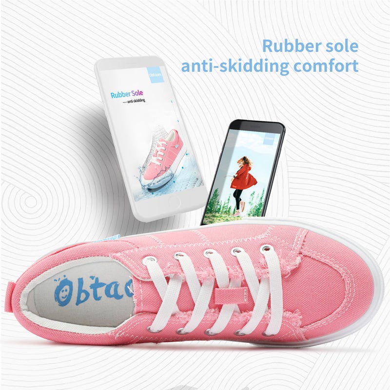 Obtaom Women Canvas Fashion Sneakers Cute Lace up Canvas Shoes Low Top Washed Canvas Flat for Lady(Pink,US5) - Image 4