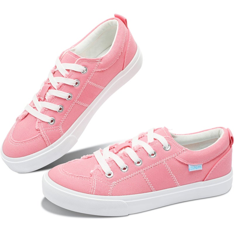 Obtaom Women Canvas Fashion Sneakers Cute Lace up Canvas Shoes Low Top Washed Canvas Flat for Lady(Pink,US5) - Image 1