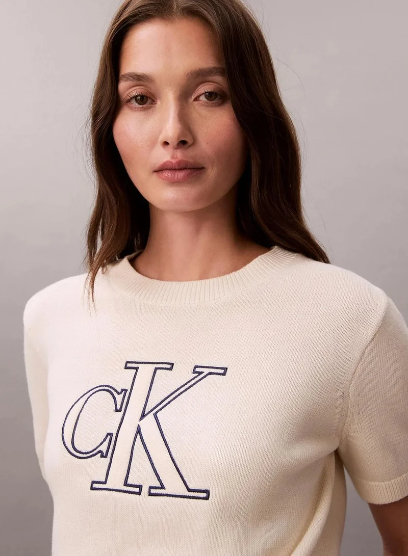 Calvin Klein Tofu w/ Grey Embroidery Short Sleeve Monogram Jumper for Women | Best Price UAE