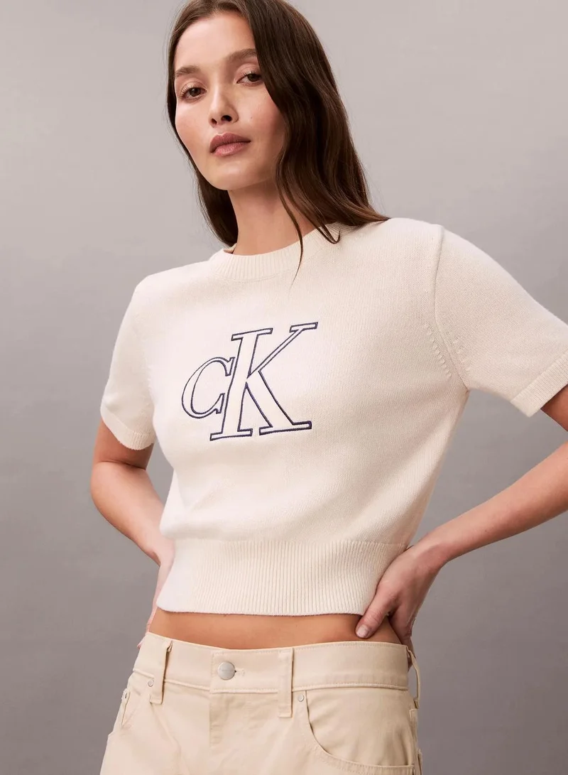 Calvin Klein Tofu w/ Grey Embroidery Short Sleeve Monogram Jumper for Women | Best Price UAE