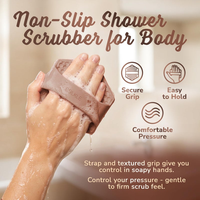 SILKLE Silicone Body Scrubber â€“ Gentle Exfoliating Shower Scrubber for Body & Bath, Silicone Shower Brush & Loofah Alternative â€“ Non-Slip Silicone Body Brush, Quick Dry, Hygienic - Brown - Image 4