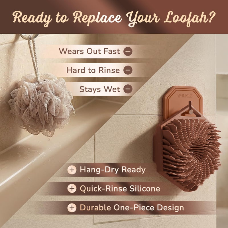 SILKLE Silicone Body Scrubber â€“ Gentle Exfoliating Shower Scrubber for Body & Bath, Silicone Shower Brush & Loofah Alternative â€“ Non-Slip Silicone Body Brush, Quick Dry, Hygienic - Brown - Image 3