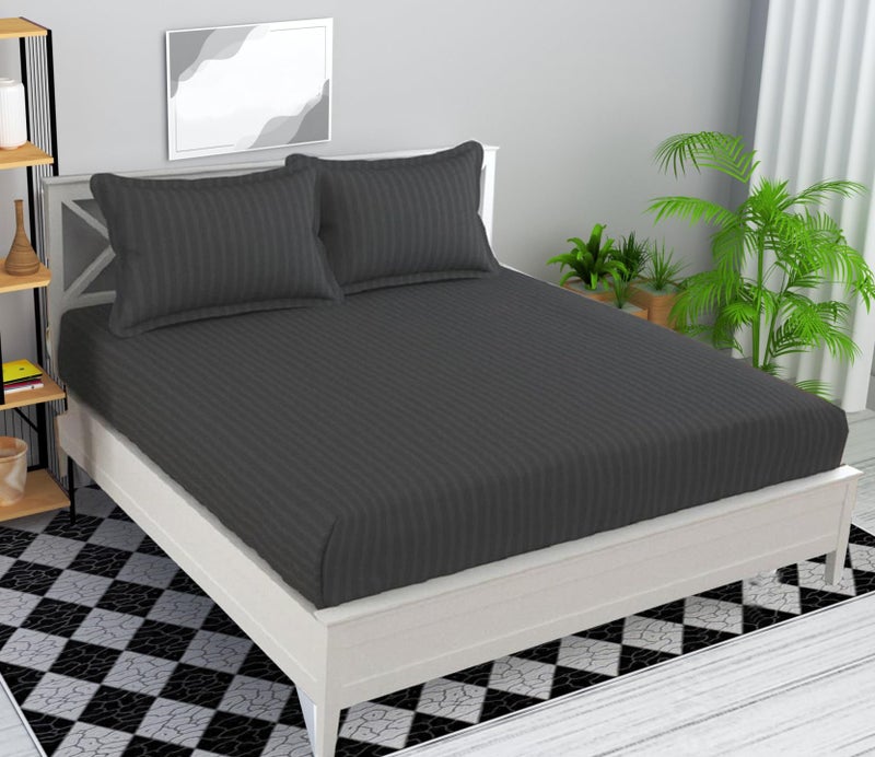 STARNSTYLE Microfiber Premium Elastic Fitted Striped Bedsheet with 2 Pillow Covers (, 78'' x 72'' King Size) Grey - Image 1