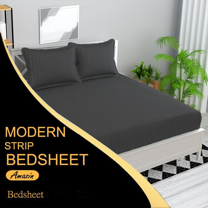 STARNSTYLE Microfiber Premium Elastic Fitted Striped Bedsheet with 2 Pillow Covers (, 78'' x 72'' King Size) Grey - Image 2