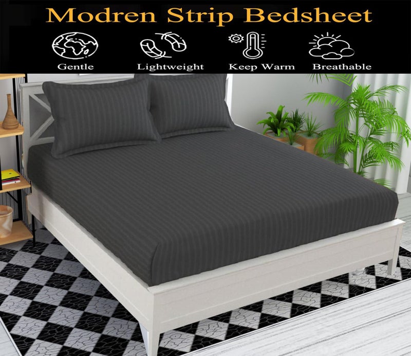 STARNSTYLE Microfiber Premium Elastic Fitted Striped Bedsheet with 2 Pillow Covers (, 78'' x 72'' King Size) Grey - Image 3