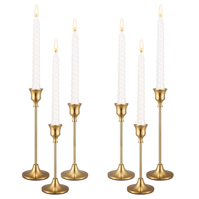 CANDLE HOLDERSSET OF 6 CANDLESTICK HOLDERS FOR TAPER CANDLES BRASS GOLD MODERN DECORATIVE CANDLE STICK HOLDER FOR TABLE MANTEL WEDDING DINNING HOUSEWARMING GIFTCANDLES ARE NOT INCLUDED