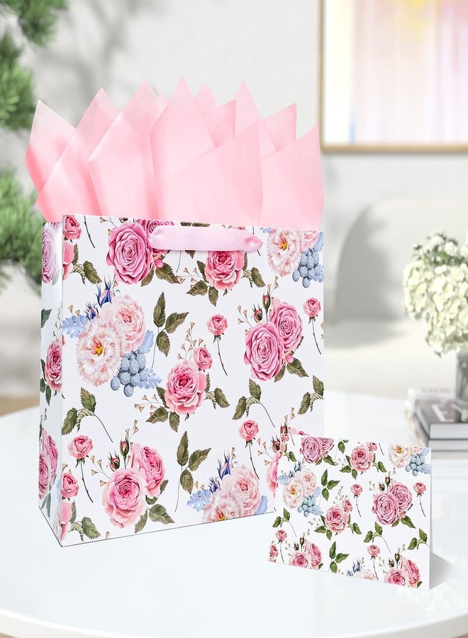 MUNILAIL 13 Inches Large Gift Bag for Women Flower Gift Bag with Handle Tissue Paper and Greeting Card for Birthday Wedding Bridal Shower Party Large Pink Paper Gift Bag - Image 4