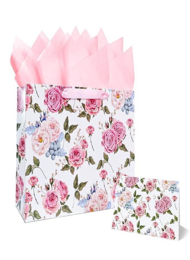 MUNILAIL 13 Inches Large Gift Bag for Women Flower Gift Bag with Handle Tissue Paper and Greeting Card for Birthday Wedding Bridal Shower Party Large Pink Paper Gift Bag - Image 1
