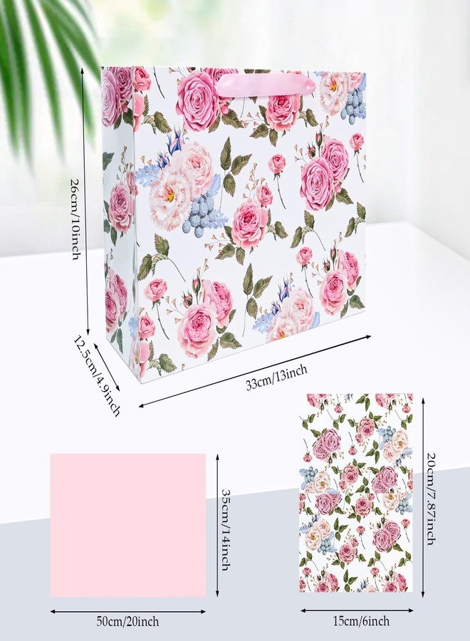 MUNILAIL 13 Inches Large Gift Bag for Women Flower Gift Bag with Handle Tissue Paper and Greeting Card for Birthday Wedding Bridal Shower Party Large Pink Paper Gift Bag - Image 2