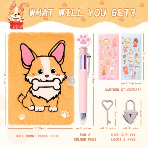 PrinBarBee Corgi Diary with Lock,Fluffy Dog Diary for 6 7 8 Year Old Girl,Kids Journal Notebook Gift Set with Multicolored Pen,Plush Secret Diary Lined 160 Pages,Christmas Birthday Gift Set for Kids - Image 5