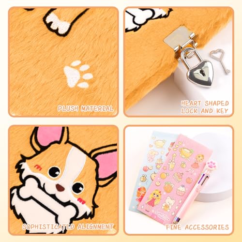 PrinBarBee Corgi Diary with Lock,Fluffy Dog Diary for 6 7 8 Year Old Girl,Kids Journal Notebook Gift Set with Multicolored Pen,Plush Secret Diary Lined 160 Pages,Christmas Birthday Gift Set for Kids - Image 2