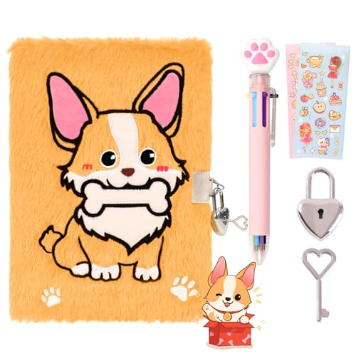PrinBarBee Corgi Diary with Lock,Fluffy Dog Diary for 6 7 8 Year Old Girl,Kids Journal Notebook Gift Set with Multicolored Pen,Plush Secret Diary Lined 160 Pages,Christmas Birthday Gift Set for Kids - Image 1