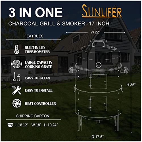 SUNLIFER Charcoal BBQ Grill, Heavy Duty 3-in-1 Barbecue Smoker Grill for Garden Camping Outdoor Cooking and Grilling - Image 3