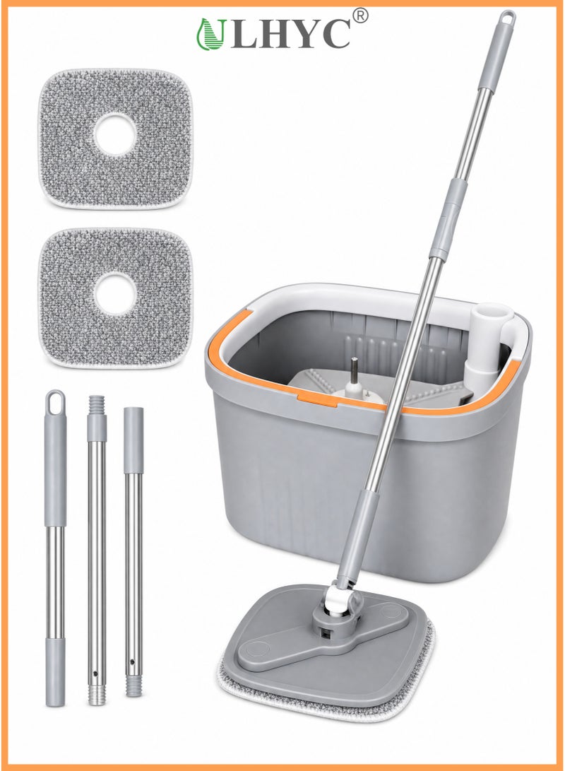 ULHYC Spin Mop and Bucket Set with Separate Dirty & Clean Water Tanks, Self-Wringing 360° Rotating Square Mop Head for Hardwood, Tile, Marble Floors - Grey - Image 1